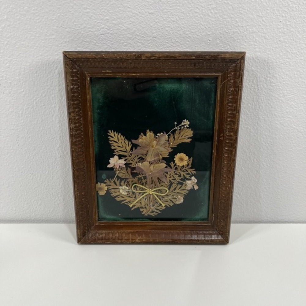 Vtg Framed Dried Pressed Flowers~12" x 10" Wood Frame